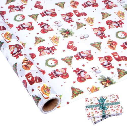 Larcenciel Papier de Soie Noël Rouleau 43cm x 10m, Emballage Noel de Qualité avec Motifs de Noël, Papier Cadeau Rouge Dessin Animé Idéal pour Vacance, Fête, Anniversaire, Artisanat, Christmas