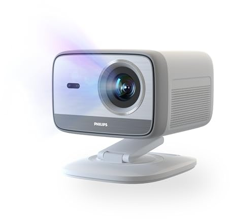 Philips Neopix 444, 4K Video Projector, Native Resolution 1080p, 500 ANSI Lumens, 10-watt Stereo Sound, Autofocus, Auto Keystone, HDMI to USB-C Cable Included, White.