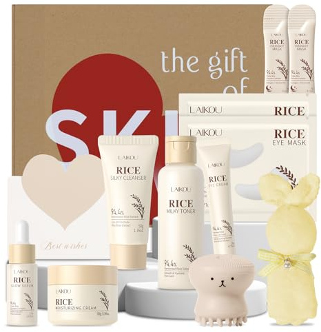 LAIKOU Arroz Kit Cuidado de la Piel, 11pcs Kit Skincare Facial Adolescente, Set Regalo Cuidado de la Piel Mujer, con Limpiador Tónico Contorno de Ojos Parches Suero Crema Cepillo Limpieza Toallas