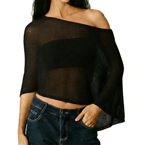 ZUIMEIHQH Sheer Poncho for Women, Poncho Asymmetric Tops Trendy Lightweight Summer One Shoulder Loose Boho Beach Vacation Cape Top Crop (Black)