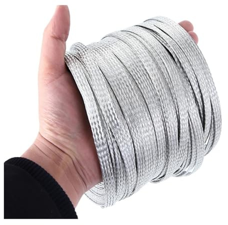5M/10M Pure Copper Shield Cable Sleeve Tinned Braided Bare Ground Metal Sheath Screening Signal Wire Flat Conductive Tape(Tined Copper,4mm,5m)