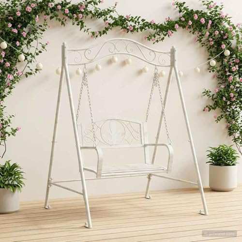 Ordellia Banc à bascule en acier blanc vieilli - 113 x 121,5 x 168 cm - Balançoire de Hollywood avec chaînes réglables - Pour jardin, terrasse, balcon et véranda, charge maximale de 200 kg, extérieur