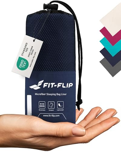 Fit-Flip Sacco Lenzuolo da Viaggio Microfibra - Sacco a pelo con scomparto per cuscino - Sacco Letto singolo ultraleggero e compatto - Sacco a Pelo leggero Estivo (blu scuro)