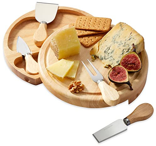 Occasion Wooden Round Cheese Board and Knife Set, Integrated Swivel Drawer - Gift Boxed
