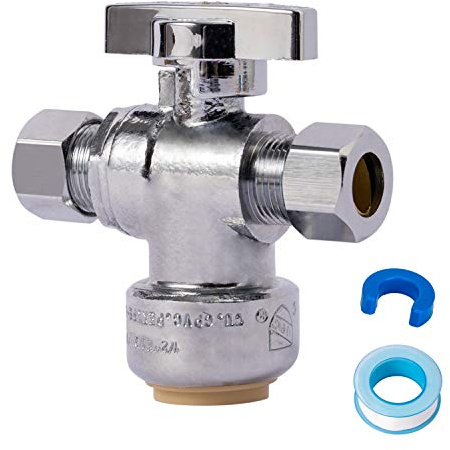SUNGATOR Dual Compression Outlet Stop Valve, 1/2 Push-to-Connect x 3/8 Compression Push Fit Shut Off Water Valve with Disconnect Clip & Tape, Chrome Plated No Lead Brass for PEX, Copper, CPVC
