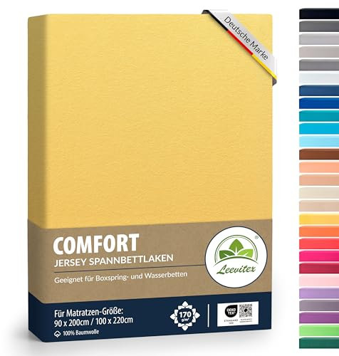 leevitex® Premium Spannbettlaken 90x200-100x220 cm - 40 cm Steg - auch für Boxspringbett & Wasserbett | 100% Mako-Jersey-Baumwolle | ÖKO-TEX | 170g/m² | Gelb/Mais