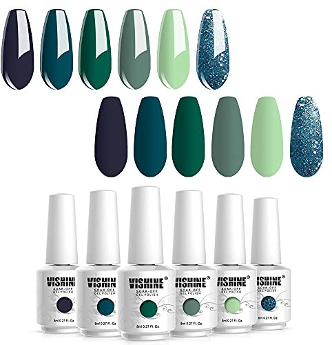 Vishine UV Nail Polish Green Glitter 6 Colours Green Gel Nail Polish Kit Green Gel Nail Polish Set Olive Green Avocado Dark Green Soak Off LED Gel Nails Gel Nail Polish 8 ml