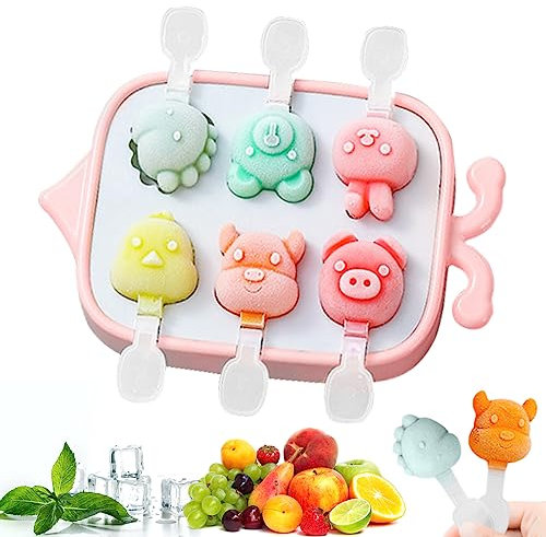 Bluelves 6 Mini Stampi per Ghiaccioli, Formine Riutilizzabili, in Silicone senza BPA, per Gelato, con Bastoncino e Coperchio,（Animali）