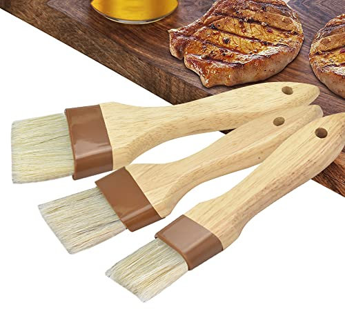 OTTYMO 3 Pz Pennelli per Alimenti Pennello da Pasticceria in Legno Pennello Setole Naturali Pennello per Olio Cucina Pennelli da Barbecue per Barbecue, Salse e Cuocere in Forno (3 Dimensioni)