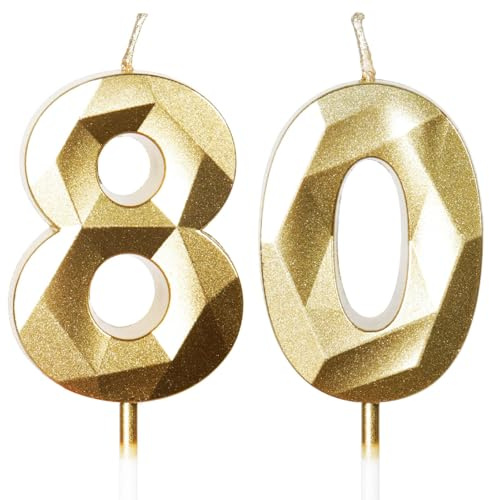 Yiran Candele di compleanno, Candele con numeri da 5cm, Candela numero 80, Candele in oro, Candele di compleanno per torta, Candele per torte, decorazioni per feste (Numero 80)