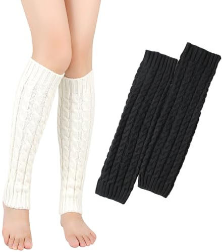 VEGCOO 2 Paires Jambière Femmes, Jambières Tricotées Automne et Hiver, Jambières Chaudes, Knit Chaussettes Boot pour Femmes (noir + blanc, One Size)