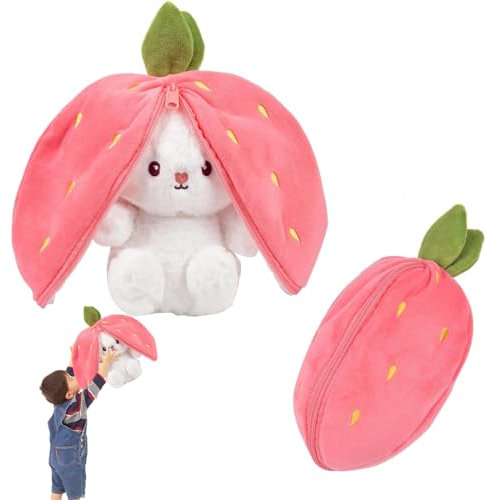 Bukezudang Peluche Lapin Fraise et Carotte, De Pâques, Mignonne, Jouets Muppet, Cadeau pour Enfants, Garçons, Filles (Fraise, 18 Cm)