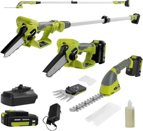 DEWINNER Tijera de Podar 3 en 1 Telescópica con Motosierra Eléctrica - Interruptor de Seguridad, Alcance de 2.54 Metros, Hojas de 240 mm Y 120 mm, Cabeza Ajustable 135°