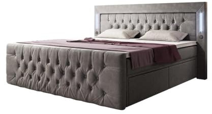Boxspringbett Charme 180x200 Doppelbett Polsterbett Bett mit LED-Beleuchtung, USB-Anschluss und Stauraum | Bezug: Samt | Farbe: Grau | Härtegrad: H4 (100kg+)