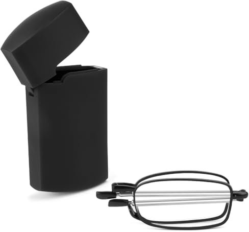 Aolso Foldable Reading Glasses, Blue Light Blocking, Anti Eyestrain/Glare, Metal Frame Compact Small Portable Glasses with Hard Case, Spring Hinge Readers for Women Men (Black, 1.0)