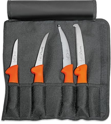 DICK Textil-Rolltasche Jagd 4-tlg. (Maße 34,50 x 35,50 x 6 cm, mit Aufbrechmesser, Ringelmesser, Ausbeinmesser und Jagdknochensäge, Farbe Orange, Jagdmesserset) 82061000
