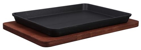 Cabilock Sartén Cuadrada Para Parrilla De Hierro Fundido Con Base De Madera Antiadherente Para Servir Carne Restaurantes y Cocinas Domésticas