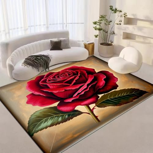DUCAPE Rote Rose Teppich 160 x 230cm Ölgemälde Mit Blumenrose Teppich Kurzflor Teppich Faltbar Retro Einfache Pflege Teppich InnentüR Wohnzimmer Schlafzimmer