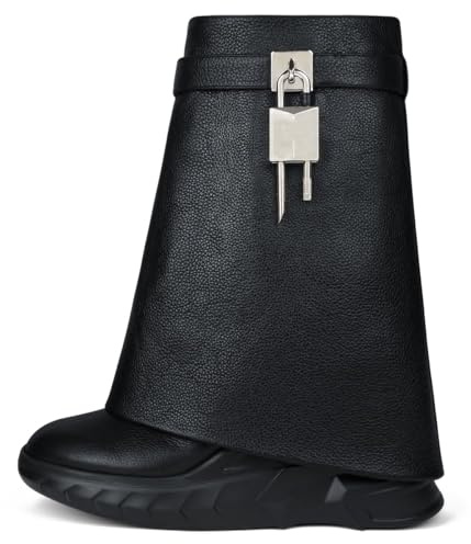 HoanTiai Women's Padlock Ankle Boots Fold Over Boots Platform Wedges Round Toe Mid Calf Biker Boot Fashion Comfort Short Boots for Women