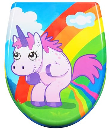 eSituro Toilet Seat, Soft Close O-Shape Loo Seat with Quick Release Function, 360° Adjustable Stainless Steel Hinges, Duroplast Top Mounting Toilet Lid, Rainbow and Unicorn Printing