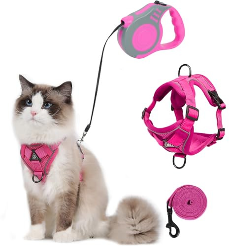 Cat Harness and Lead Set, Escape-Proof Kitten Harness with Retractable Cat Lead, 5m/16.4 Ft Automatic Extendable Cat Leash for Dogs Puppy Pets Walking (pink, M)
