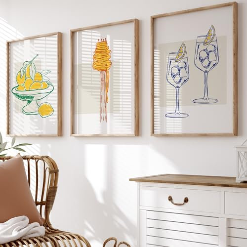 Kitchen Wall Art, Set of 3 posters, Pasta lover, Cocktail drinks, Lemon Print, UNFRAMED | A3, A4 (A3)
