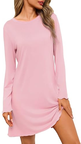 Leversic Women Long Sleeve Nightgown Round Neck Loose Fit Nightshirt Soft Cotton Nighties Knee Length Ladies Nightwear(Pink,L)