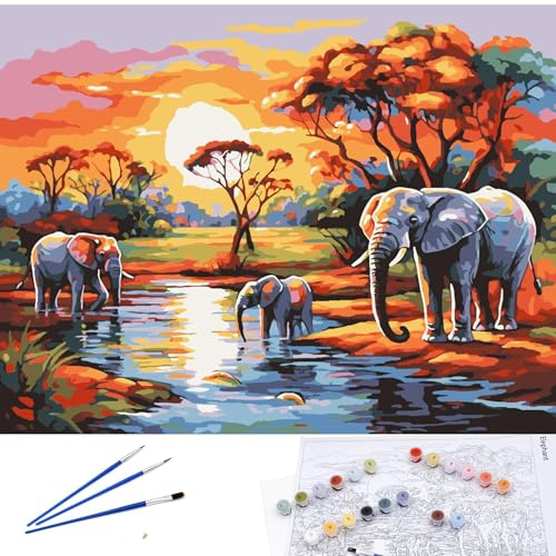 EXERZ Peinture sur toile enroulée par numéros - 30 x 40 cm | 20 couleurs, 2 pinceaux, coffret cadeau compact - Kit d'art de voyage idéal pour enfants et adultes, débutants et artistes (éléphant)