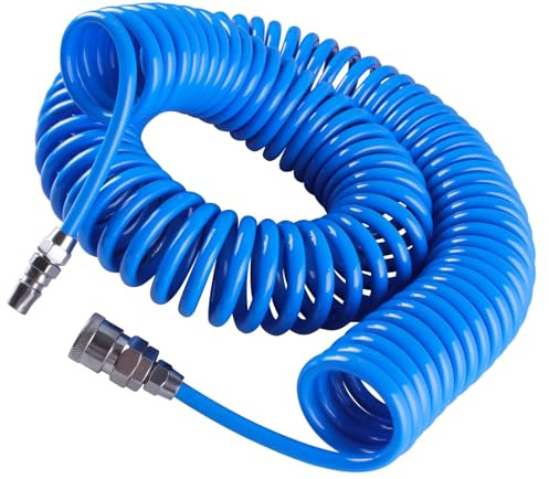 TIQICIVINUI Tuyau à air comprimé de 15 m en spirale - Tuyau d'air comprimé - Tuyau d'air de compresseur avec limiteur de courbure - Raccord rapide et bouchon - Tuyau d'air PU8 x 5