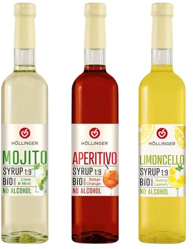 Höllinger Lot de 3 Sirops Bio Sans Alcool, Mojito Citron Vert & Menthe, Aperitivo Orange Amère, Limoncello Citron, 500ml Chacun, Ratio 1:9
