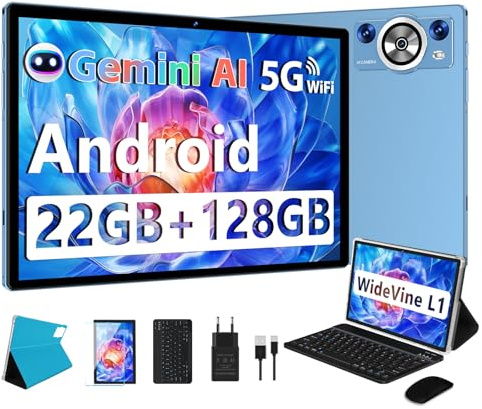 DEERTiME 2026 Tablet 10 Pulgadas Android Gemini AI, 22GB RAM+128GB ROM/TF 2TB, 8-Core 2.0 GHz, 8000mAh Batería, 5G WiFi, BT 5.0, Widevine L1, GMS, Widgets, Tablet con Funda, Teclado y Ratón - Azul