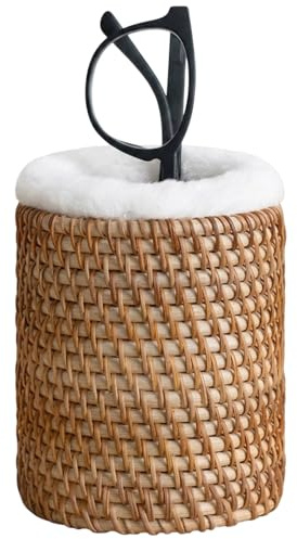 QhgPnt Glasses Holder Stand, Glasses Storage Organiser for Bedside Table and Desk, Rattan Desk Organiser with Plush Lining, Bedside Table Storage for Eyewear Display and Protection
