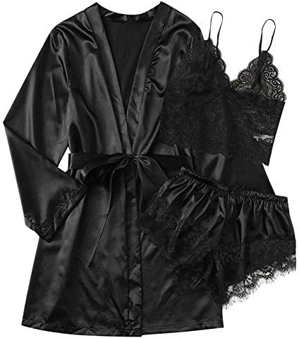Conjunto de ropa de dormir para mujer con bata, pijama de seda con albornoz, juego de 3 piezas, top de espagueti + pantalones cortos + batas, camisón de encaje, lencería, bodysuit monocolor