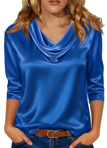 Tops Women's Elegant Waterfall Neck Satin Blouse Festive Casual Business Shirt Blouse Tops Casual 3/4 Sleeve Office Work Silk Blouse Shirt for Party Comfortable Shirt