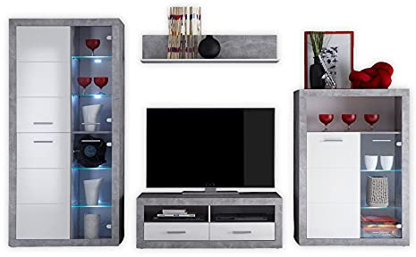 STONE Wohnwand Komplett-Set in Beton Optik, Weiß - Moderne Schrankwand für Ihr Wohnzimmer - 304 x 194 x 48 cm (B/H/T)