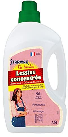 STARWAX THE FABULOUS - Lessive Concentrée - Savon Noir, Cristaux de Soude - Décolle les Taches Incrustées - Dès 30°C - Parfum Frais - 96% d'Origine Naturelle - 50 Lavages -Fabrication Française -1,5L