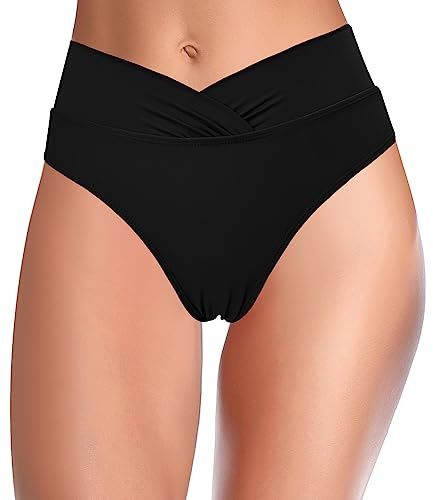 SHEKINI Maillots de Bain Femmes Bikini Vintage Shorts de Bain Ruched Taille Haute Contrôle Abdomen Tankini Bas de Bikini de Plage （L,Noir）