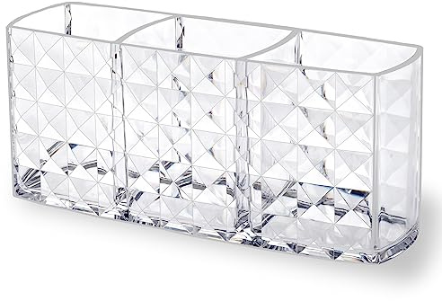 MOSIKER Makeup Brush Holder for Vanity,Acrylic Clear Small Compact Nail Hair Lip Liner Brush Pen Organizer with 3 Slots