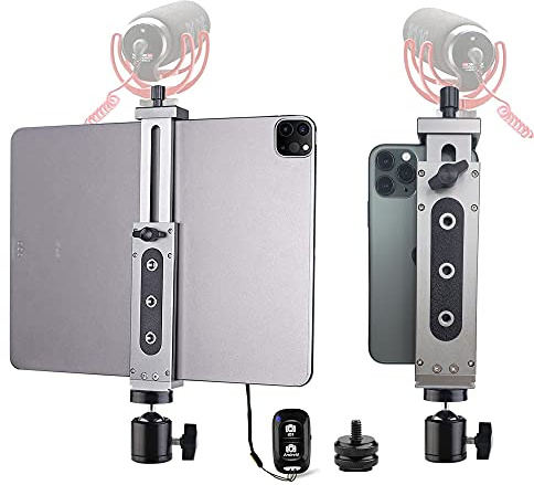 Peastrex Soporte Adaptador Trípode iPad Pro Aluminio con Cabeza de Bola de Zapata Fría y Obturador Bluetooth para iPad Pro 12.9 11 10.5, iPad Air Mini, Surface Galaxy Tab, 3.5 a 13.5 iPhone Tablet