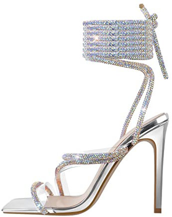 Only maker Women's Sandals with Sparkling Ankle Straps Sexy Boho Style Strapy Sandals High Heels Summer Shoes Silver EU 41
