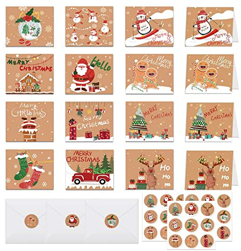 PUERHUACI Carte Noel,Carte Postale Noel,Carte Remerciements,24 Pièces Cartes de Noel,Carte Remerciements avec Enveloppes et Autocollants Cartes de Noel Pliantes Motif de Noël