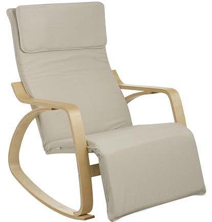 Baroni Home Schaukelstuhl mit Armlehnen aus Holz, ergonomischer Schaukelsessel mit Kopfstütze, 5-Höhen Fußstütze, bis 150 kg, Schlaf- und Wohnzimmer, Beige, 82x67x98 cm