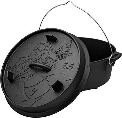 Feuergott Dutch Oven Gusseisen 6,5 Liter mit Füßen – Schmortopf, Bräter mit Deckel für Grill, Lagerfeuer, BBQ – für Brotbacken, Schmoren, Braten und Kochen, ofen- und induktionsgeeignet