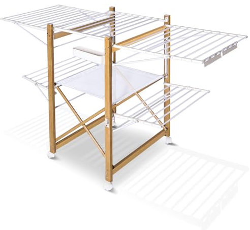 VOUNOT Wäscheständer ausziehbar, Standtrockner aus Rostfreier Stahl, Flügelwäschetrockner Wäschetrockner mit Rollen & Trockenlänge 30m, platzsparend, klappbar 180x105x61cm, Weiß