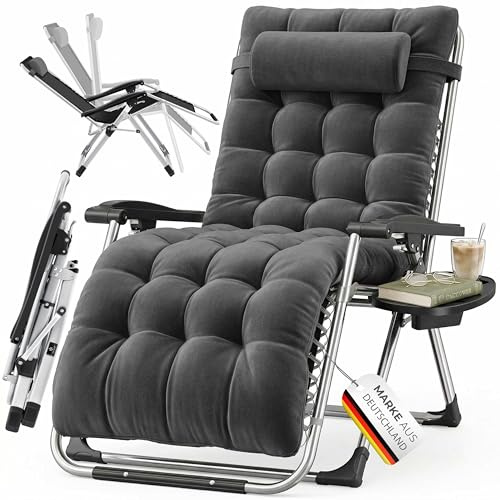KESSER Sedia a sdraio pieghevole e resistente alle intemperie, portata 200 kg, imbottitura ergonomica extra larga, schienale regolabile, con cuscino cervicale e supporto per bevande, colore: antracite