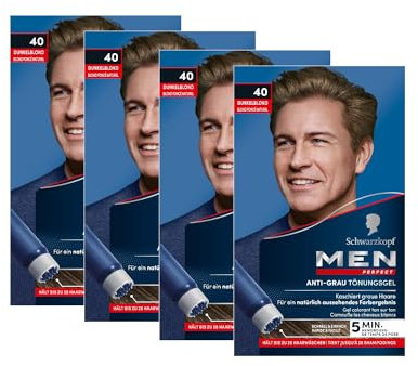 Men Perfect Gel anti-grigio tinta 40 biondo scuro (4 x 80 ml), colore per capelli da uomo dissolve i capelli grigi, tinta anti-grigia per un risultato naturale
