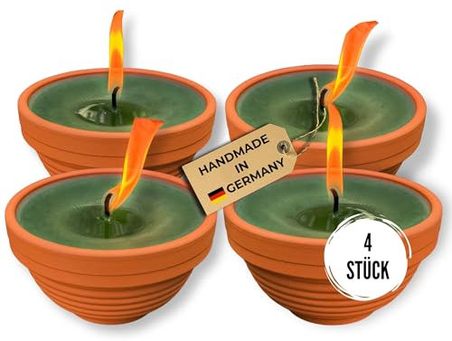 Lavalis 4 candele piccole per esterni, in terracotta riempite a mano, in cera riciclata, durata 15 ore, altezza fiamma 5 cm, candele da giardino, diametro 9,5 cm