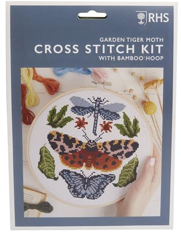 RHS The Royal Horticultural Society Cross Stitch Kit, Tiger Moth Design, 8, Embroidery Kits For Adults, Cross Stitch Kits For Adults Beginners, Gift Idea, With Embroidery Patterns, Embroidery Set