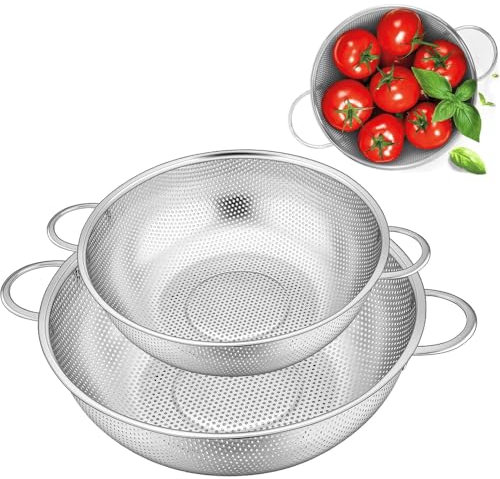 Stainless Steel Colander With Handle - Micro-Perforated Metal Strainer for Rice, Food, Pasta, Fruits, Vegetable - Fine Mesh & Dishwasher Safe