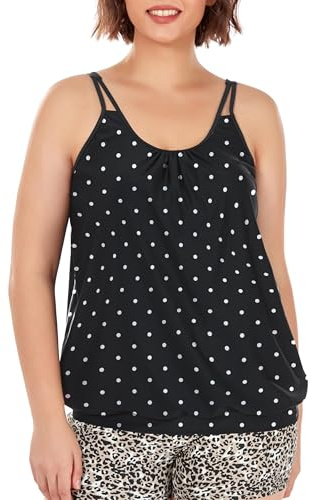 Ocean Blues Women's Black Polka Dot Plus Size Tankini Top Loose Fit Blouson Swimsuit Top with Adjustable Straps Size X-Large